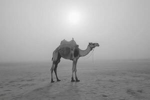 Camel standing in the desert during a foggy sunrise in black and white photo