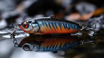 Fishing lure reflecting on wet surface with hooks exposed photo