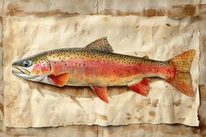Rainbow trout painting lying on aged paper background photo