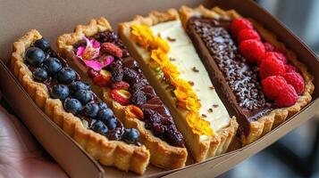 Pastry chef is showing a box of delicious triangle-shaped tarts with various toppings photo