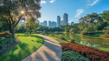 Sun shining through trees in a green city park with lake and skyscrapers photo