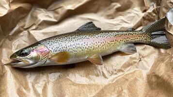 Freshly caught rainbow trout resting on brown paper photo