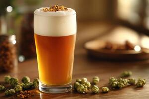 Glass of cold beer with hop cones on wooden table photo
