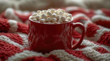 Red mug with hot chocolate and marshmallows warming on a cozy christmas blanket photo