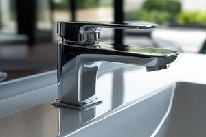 Modern chrome faucet reflecting on a clean white sink photo