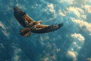 Majestic eagle soaring over mountain peaks, freedom and adventure in the sky photo