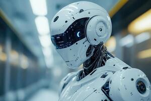 Futuristic robot standing in science laboratory, artificial intelligence and robotics technology photo