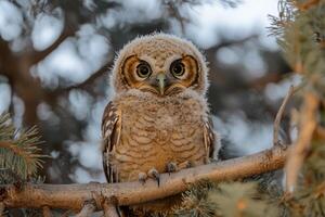 Young spotted owl perching on a branch in pine tree photo