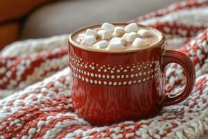 Red mug containing hot chocolate with marshmallows warming on a cozy christmas blanket photo