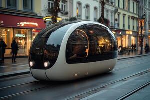 Autonomous futuristic shuttle driving on rails in city center with christmas decorations photo