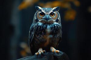 Great horned owl perched on a branch at night, staring with intense gaze photo