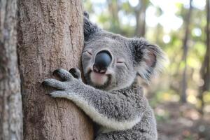 Smiling koala hugging a tree in a forest photo