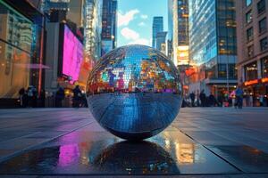Disco ball reflecting times square, new york city, at dusk photo