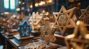 Golden stars of david displayed on wooden shelves, creating a captivating scene of jewish artistry and symbolism photo
