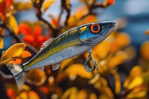 Fishing lure hanging in front of orange leaves and blue background photo