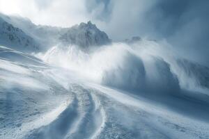 Strong wind blowing snow on mountain slope creating dramatic scene photo