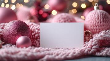 Christmas greeting card displayed on pink knitted blanket with decorations photo