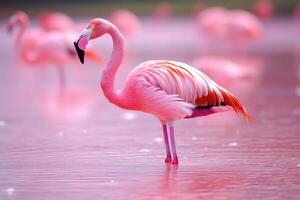 Pink flamingo standing in shallow water with other flamingos in background photo