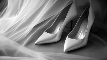 Elegant white high heel shoes and bridal veil lying on gray background photo