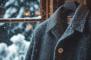 Warm winter coat hanging near window during snowfall photo