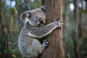Koala sleeping while hugging a tree in a forest photo