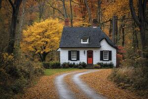 Charming white cottage nestled in autumn woods with pathway covered in fallen leaves photo