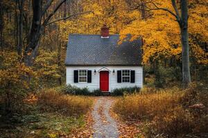 Cozy cottage nestled in autumn woods with red door and fallen leaves photo