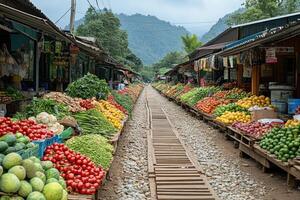 Maeklong railway market stalls offering fresh produce along the railway tracks photo