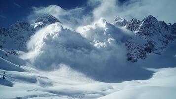 Strong wind blowing snow on mountain slope creating dramatic scene photo