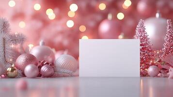 Blank christmas card displayed on pink background with decorations and bokeh lights photo