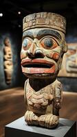 Intriguing indigenous wooden statue displaying vibrant colors and tribal motifs photo