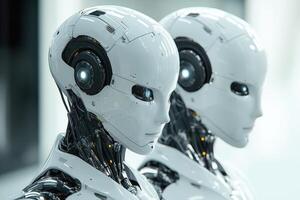Two futuristic robots sharing artificial intelligence in modern laboratory photo