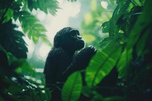 Bonobo hiding in the jungle foliage during rain photo