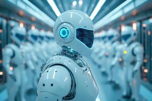Humanoid robots standing in a row in futuristic spaceship interior photo