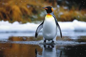 King penguin walking in water with snow falling in background photo