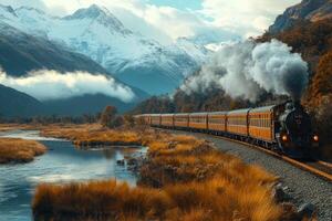Kingston flyer steam train running along a river in a mountain valley photo