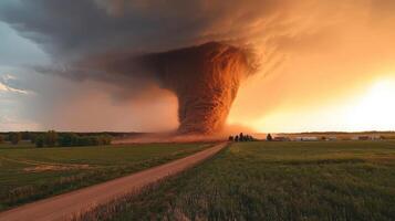 Huge tornado touching down on farmland at sunset with dramatic clouds photo