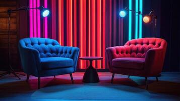 Two empty armchairs preparing for a talk show recording in a vibrant studio photo