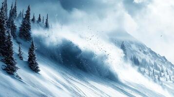 Strong wind blowing snow on mountain slope creating dramatic scene photo