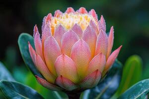 Blooming protea flower showing stunning pink and orange petals with dew drops photo