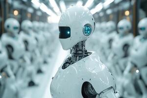 Humanoid robots standing in a row in futuristic spaceship interior photo