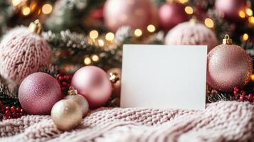 Christmas card surrounded by pink and gold ornaments and knitted balls with bokeh lights photo