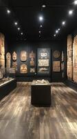 Ancient mayan artifacts displayed in modern museum setting photo