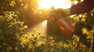 Farmer spraying plants in orchard at sunset using pesticide sprayer photo