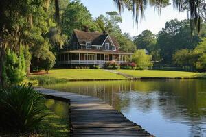 Wooden lake cabin with pier in tranquil forest setting during sunrise photo