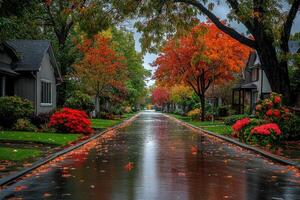 Wet asphalt reflecting colorful autumn trees in suburban street photo