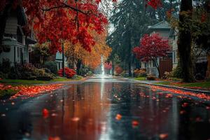 Wet asphalt road reflecting red autumn trees in suburban neighborhood photo