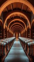 Wine cellar with barrels and wooden arches creating a long perspective path photo