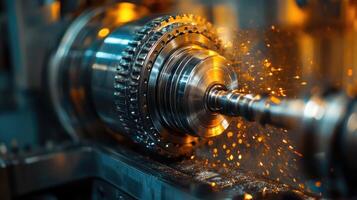 Metal lathe rotating and creating sparks during metal part processing photo