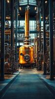 Copper still and column inside distillery processing plant photo